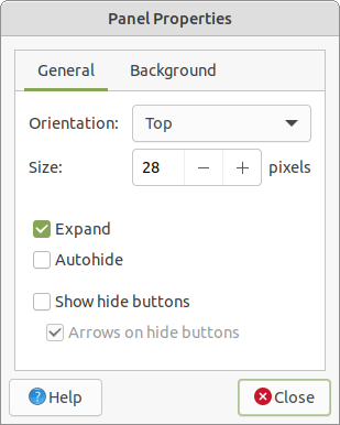 Panel properties.